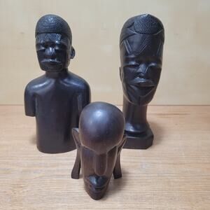 Hand Carved Ebony Wood Man Statue Tanzania East Africa Bust African Vtg Lot Of 3